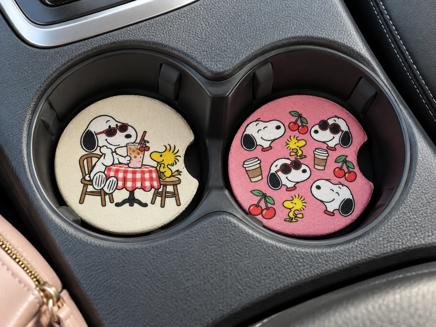 AI styling mockup of Cherry Café coasters in cupholders