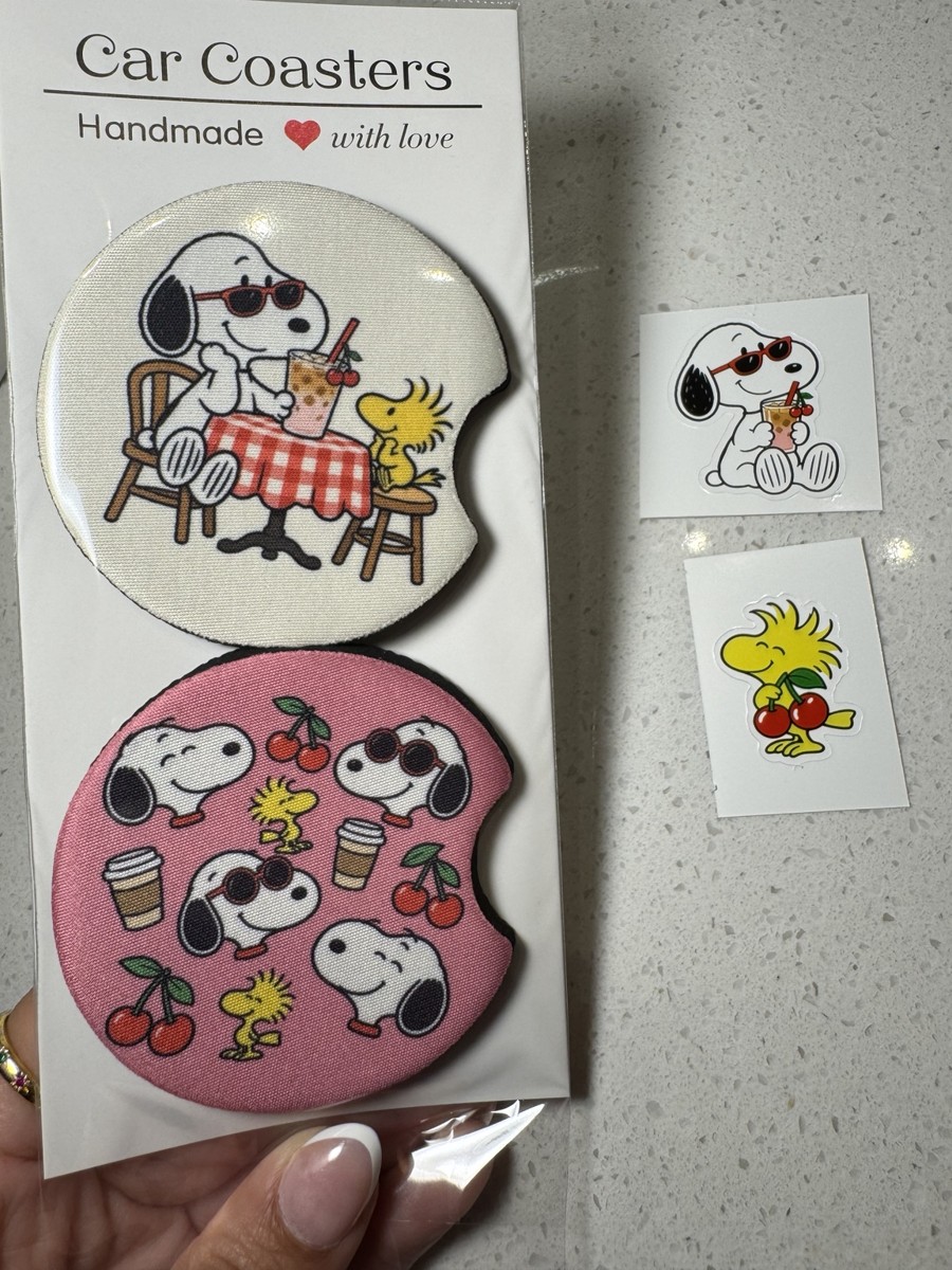 Actual Snoopy Cherry Café set with two matching stickers in clear packaging