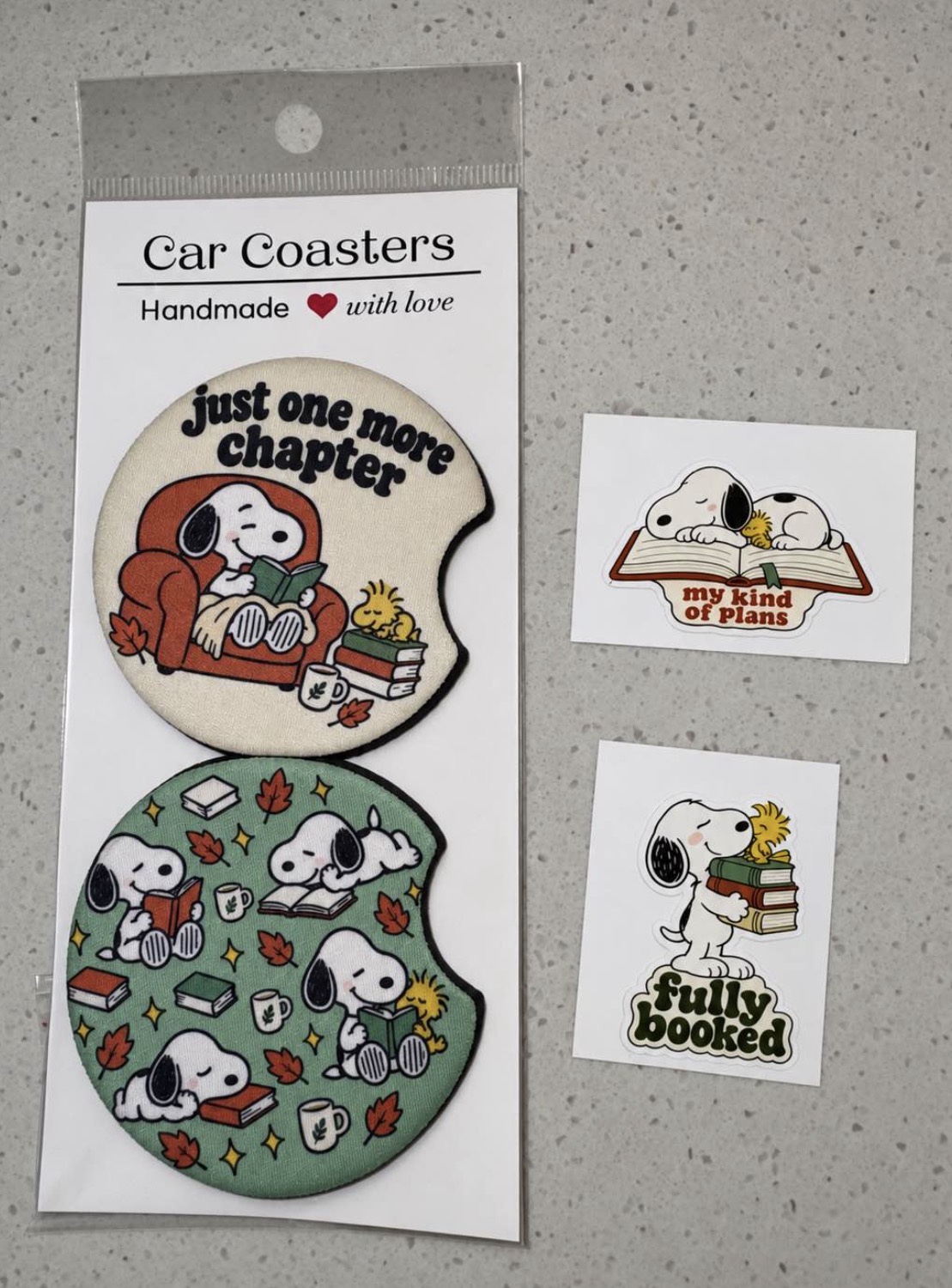 Snoopy reading coaster set and stickers